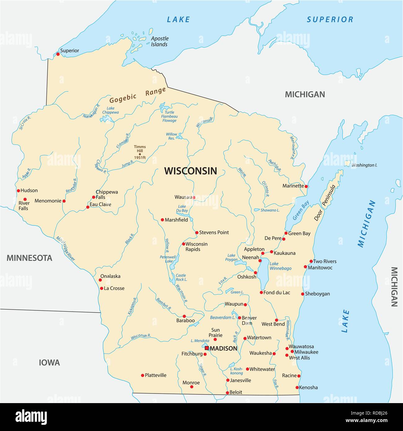 Vector Map of the U.S. state of Wisconsin Stock Vector