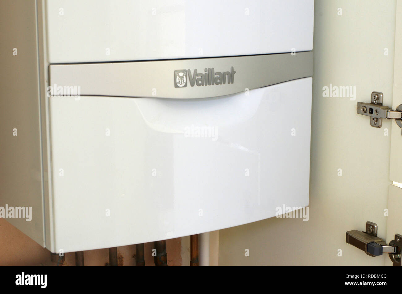 Vaillant Wall Mounted Gas Central Heating Combination or Combi Boiler in a Cupboard in a Home