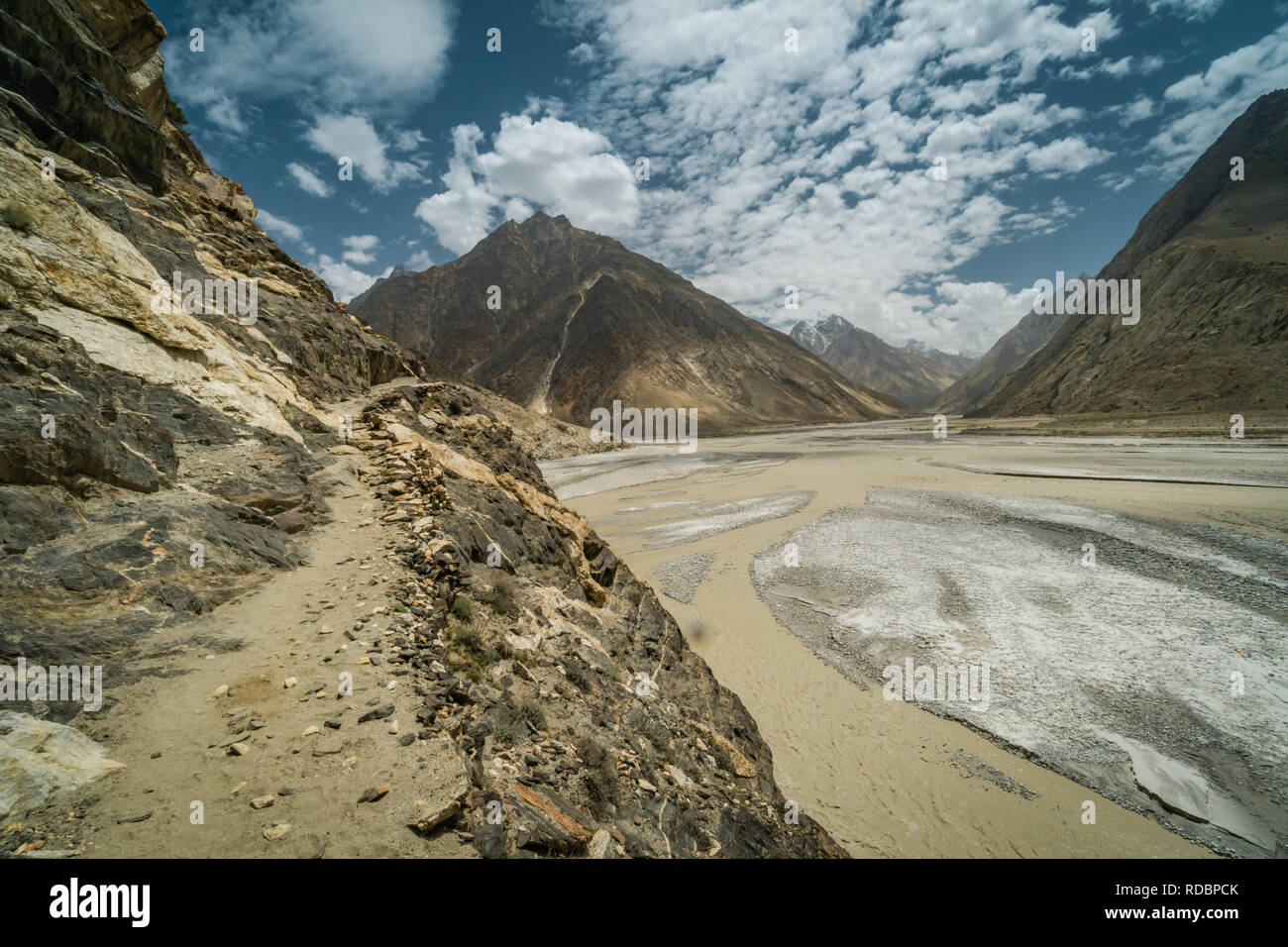 Scenic hiking trail leading to K2 base camp in Karakoram Mountains, Pakistan. Stock Photo