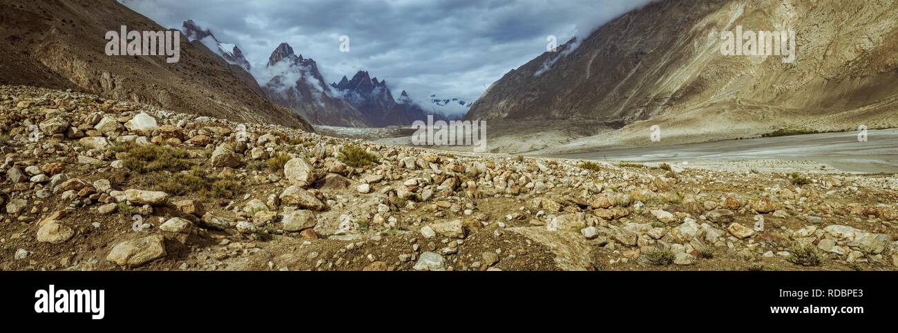 Panorama of beautiful Karakoram Mountain Range with majestic peaks of 