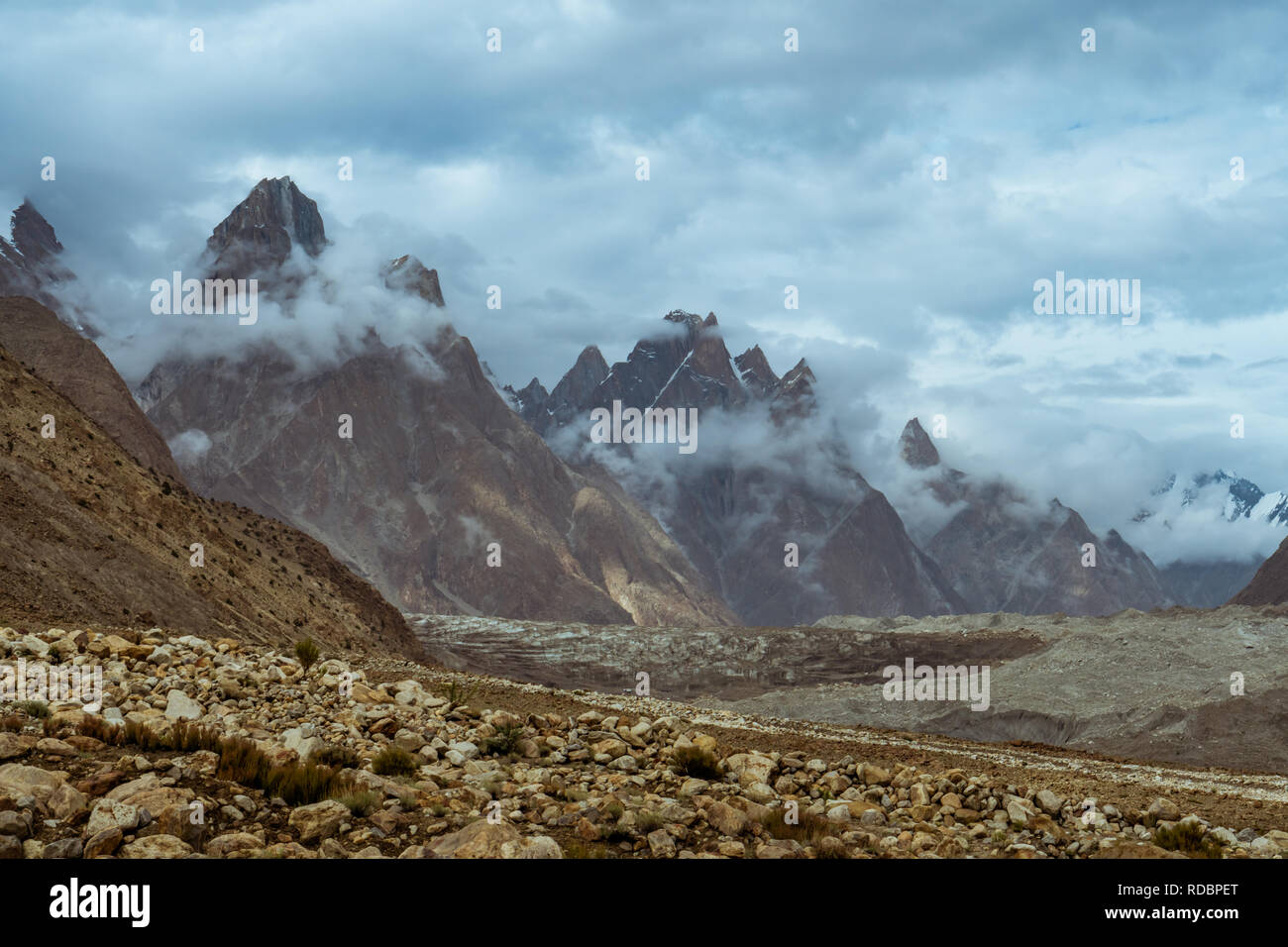 Majestic peaks of Trango Towers above Baltoro glacier in Karakoram 