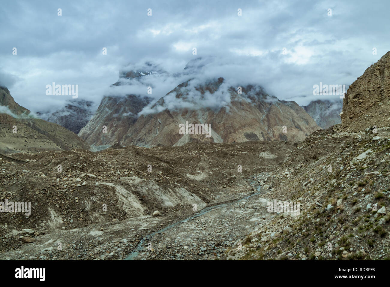Baltoro Glacier on cloudy day in Karakoram Mountain Range in Pakistan Stock Photo
