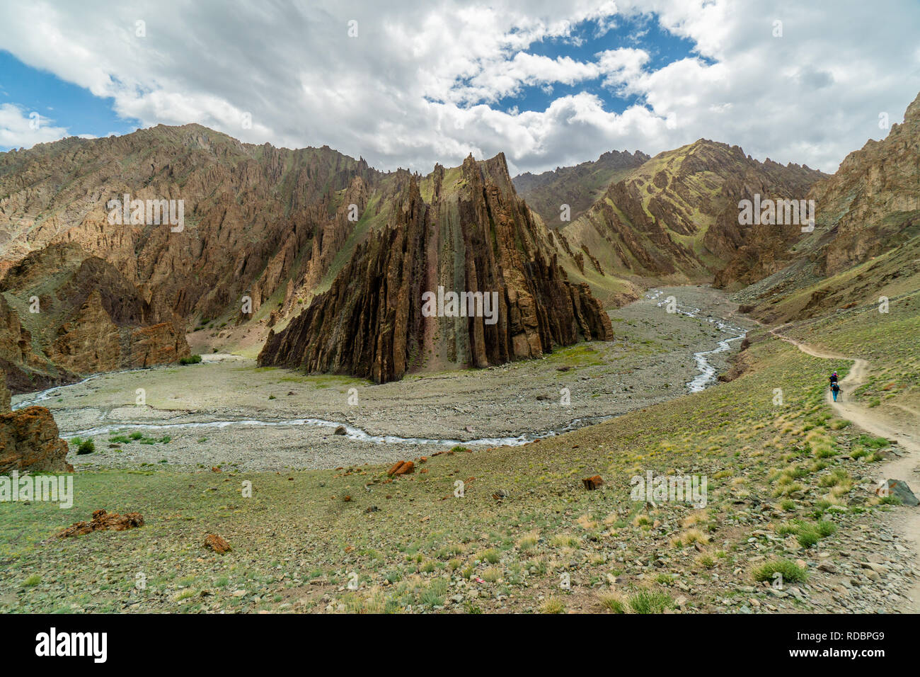 Breathtaking panorama of scenic Markha Valley in old buddhist kingdom of Ladakh in India. Popular tourist destination and hiking route. Stock Photo