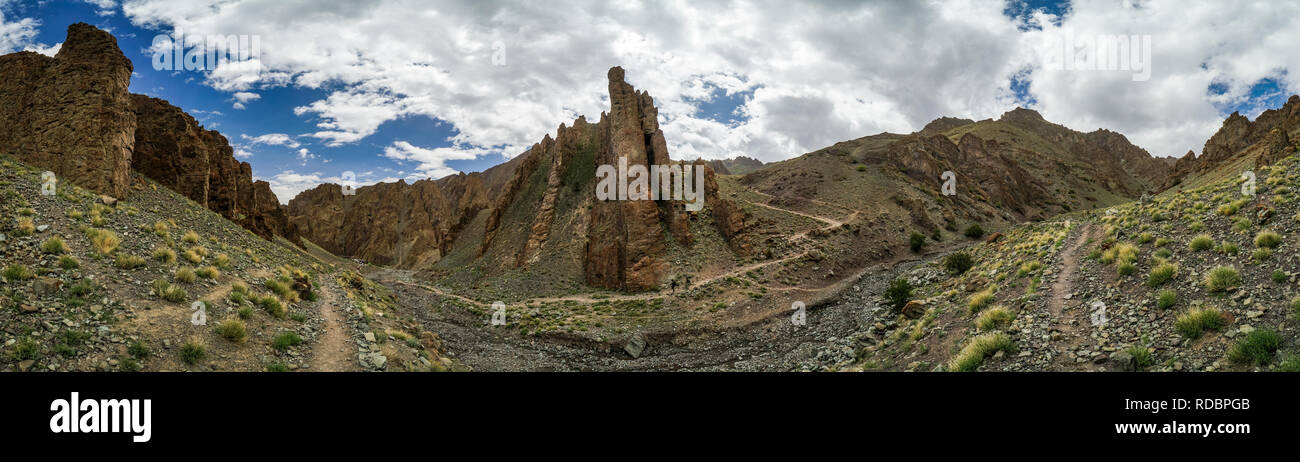 Panoramic view of beautiful Markha Valley in India in old Buddhist kingdom of Ladakh. Stock Photo