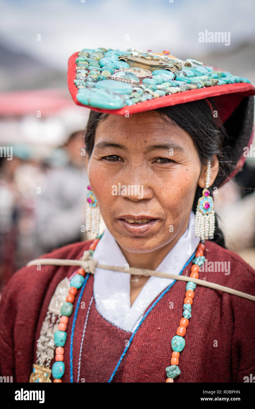 Ladakh, India - September 4, 2018: Portrait of native Indian in traditional clothes on festival in Ladakh. Illustrative editorial. Stock Photo