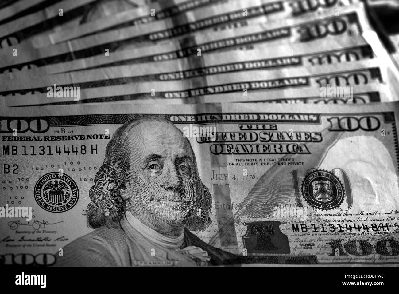 Hundred Dollar Bills American money United States denomination wealth Stock Photo