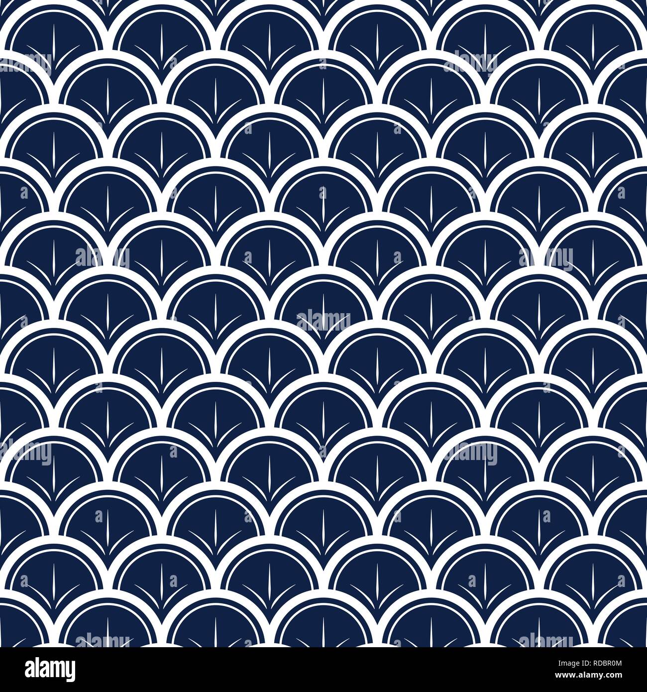 Vector Japanese waves with lines on blue background repeat seamless