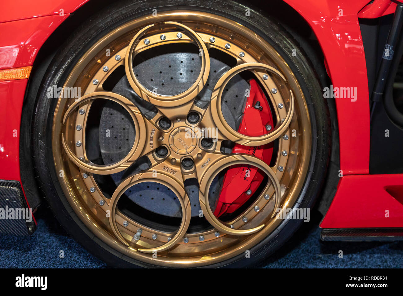 Detroit, Michigan A wheel and brakes of a Aventador on