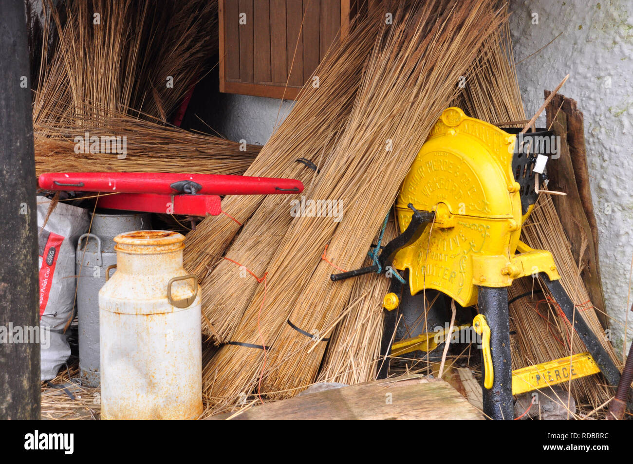 Thatching reeds dried and ready for use on the roofs of the cottages in the Kerry Bog Village.County Kerry, Ireland.Also a selection of agriculural to Stock Photo