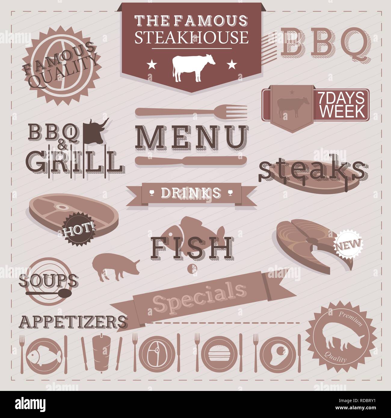 Vintage BBQ Grill Steakhouse restaurant design elements and labels Stock Vector