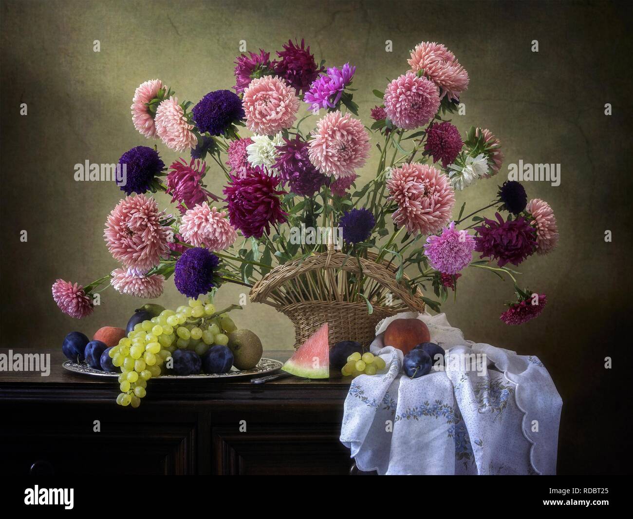 Still life with bouquet of aster flowers Stock Photo - Alamy