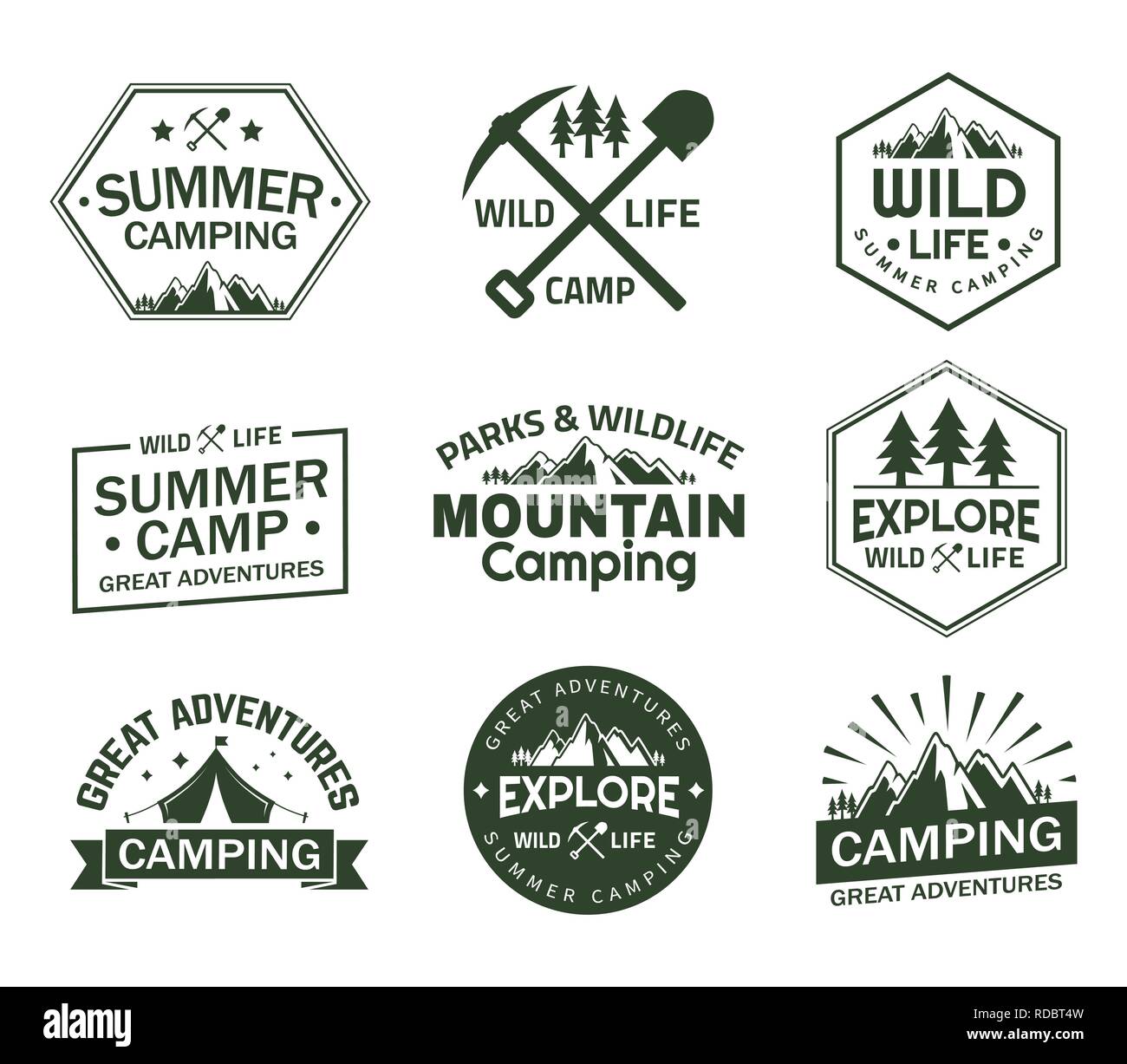 Set of isolated signs with mountains and trees Stock Vector