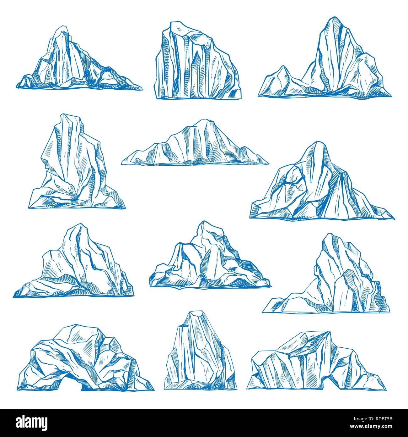 Icebergs sketch or hand drawn mountains. Stock Vector