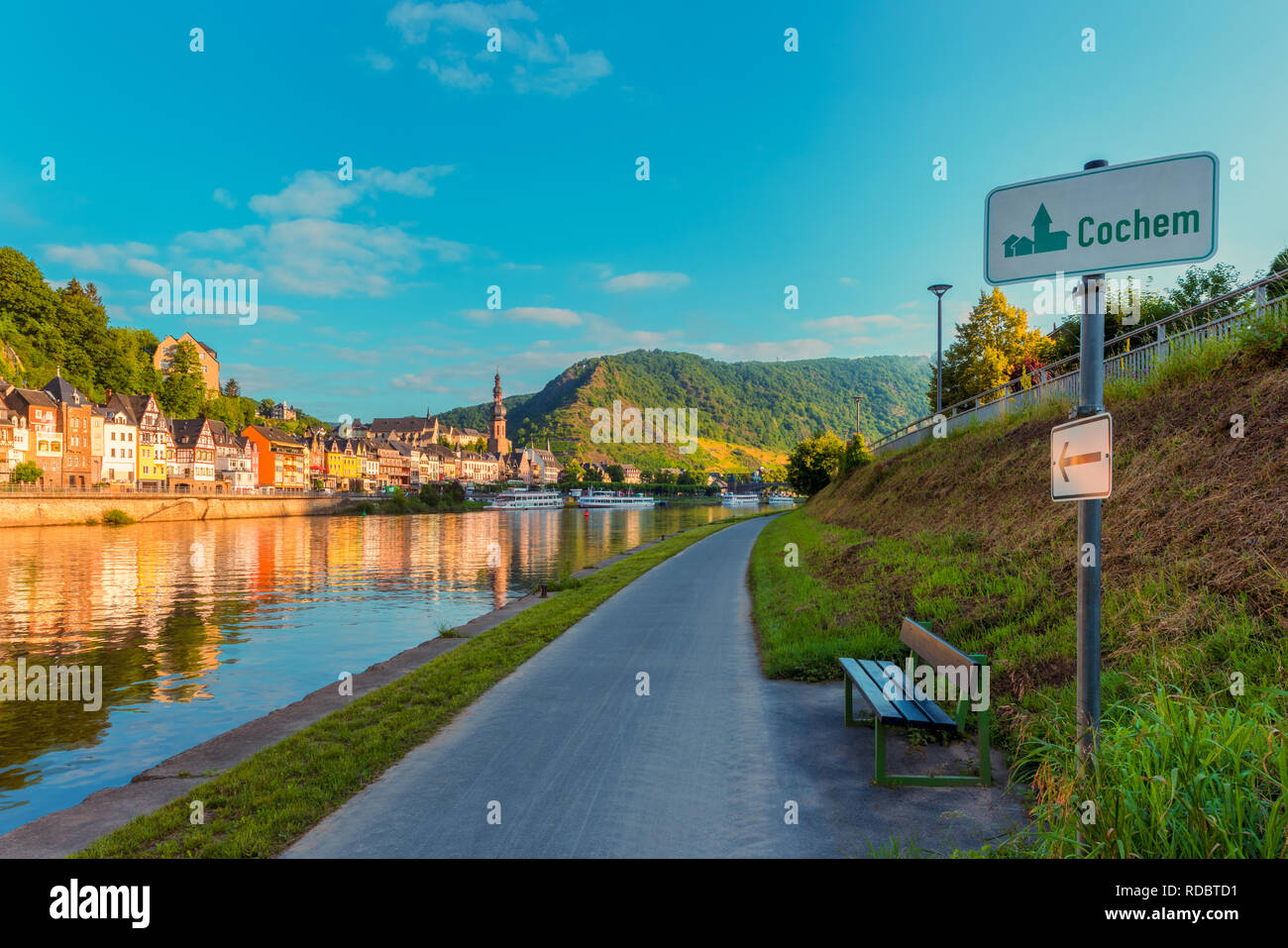 Footpath along Mosel River in Cochem Germany around Sunrise Stock Photo