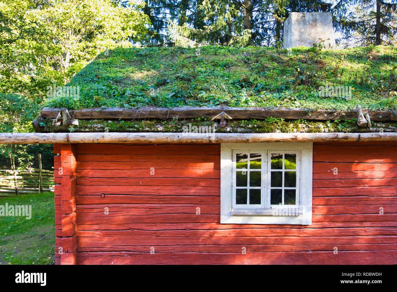 Turf-roofed timber Soldier's Cottage (Soldat-torpet), Skansen open-air living museum, Djurgarden, Stockholm, Sweden, Scandinavia Stock Photo