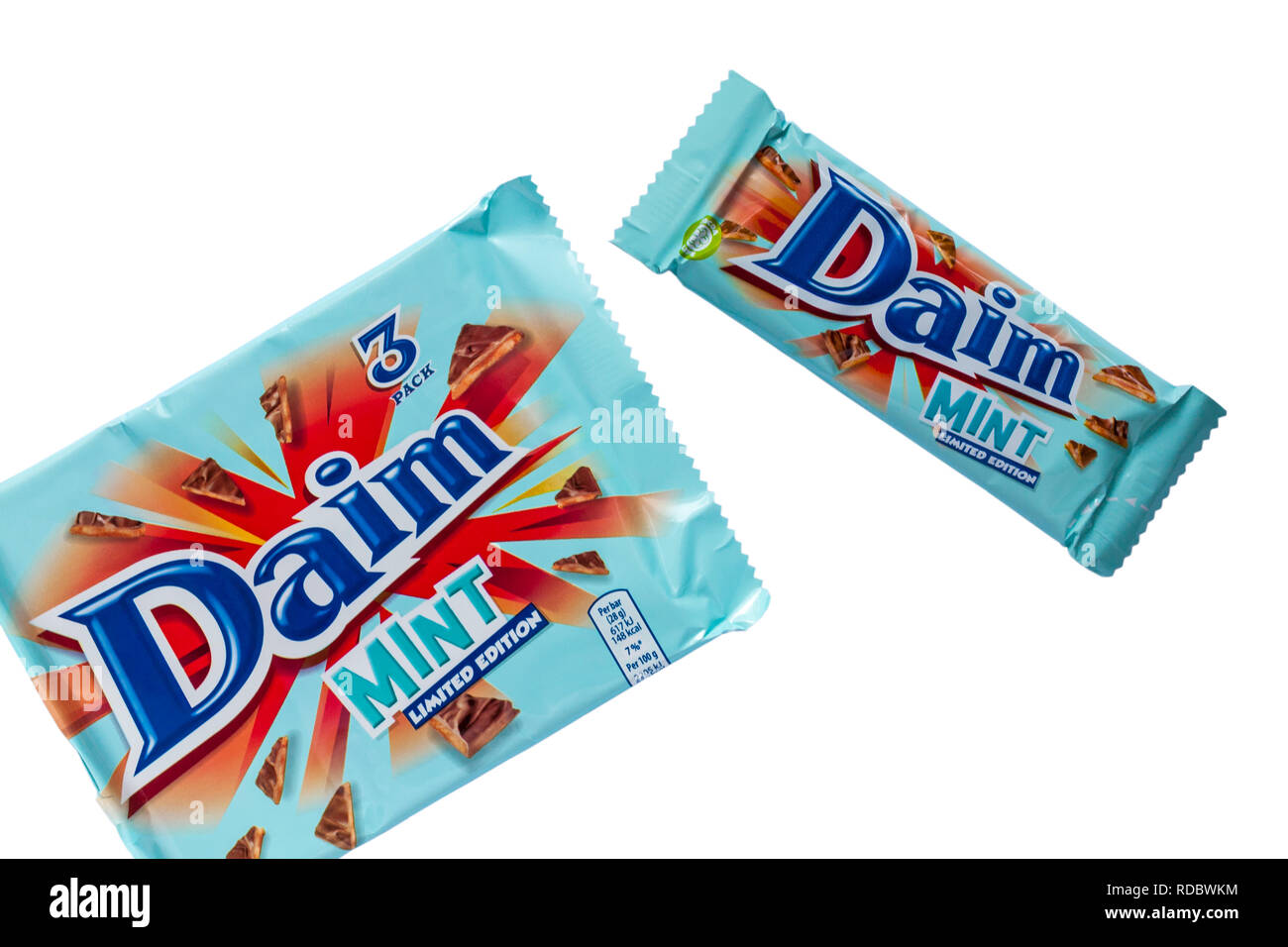 Pack of limited edition Daim Mint chocolate bars isolated on white background - mint flavoured milk chocolate with a crunchy almond caramel centre Stock Photo