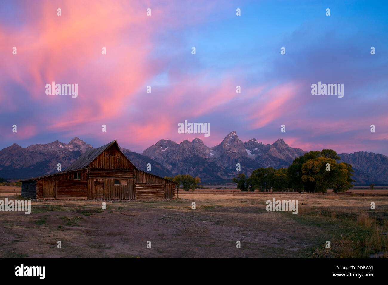 Sunrise Moulton Barn on Mormon Row, Grand Teton National Park, Wyoming Stock Photo