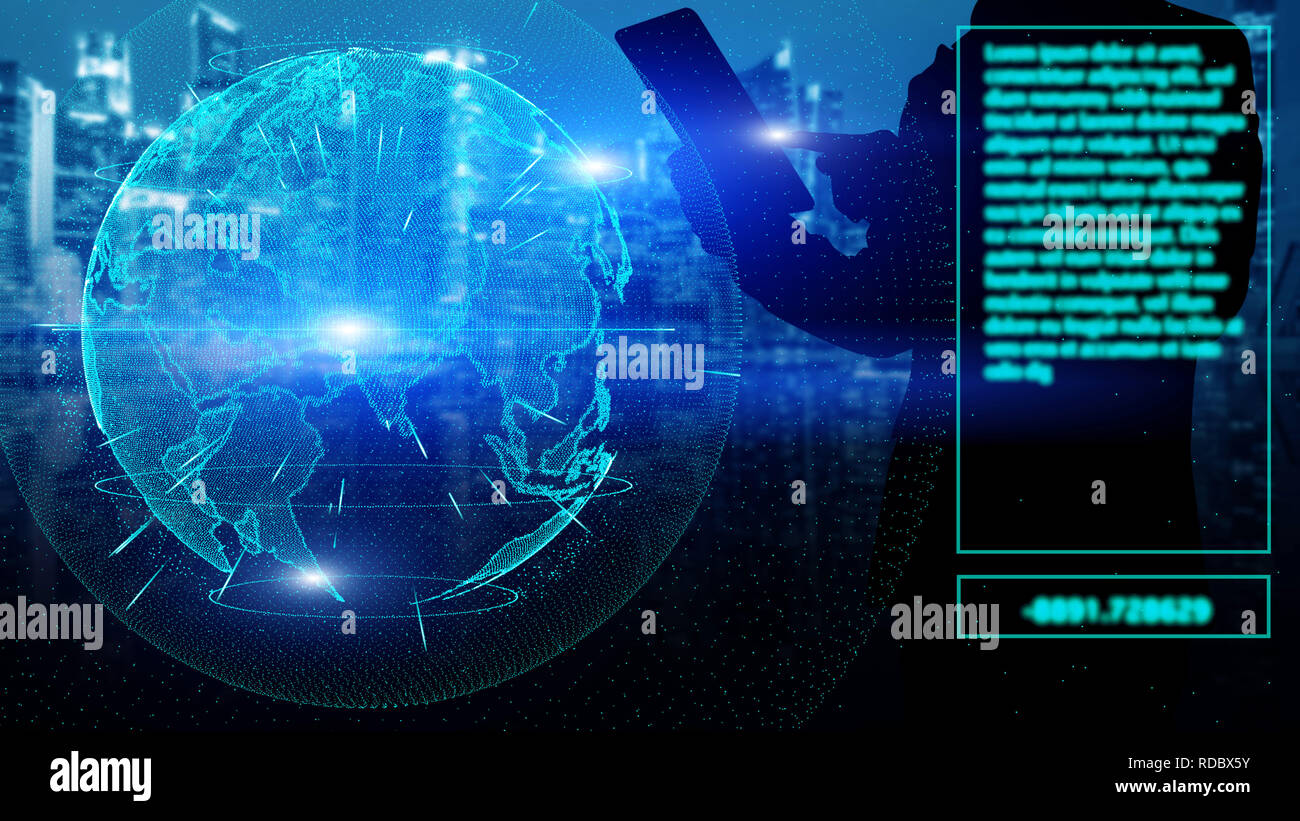 Businessman holding tablet with global connection. Stock Photo