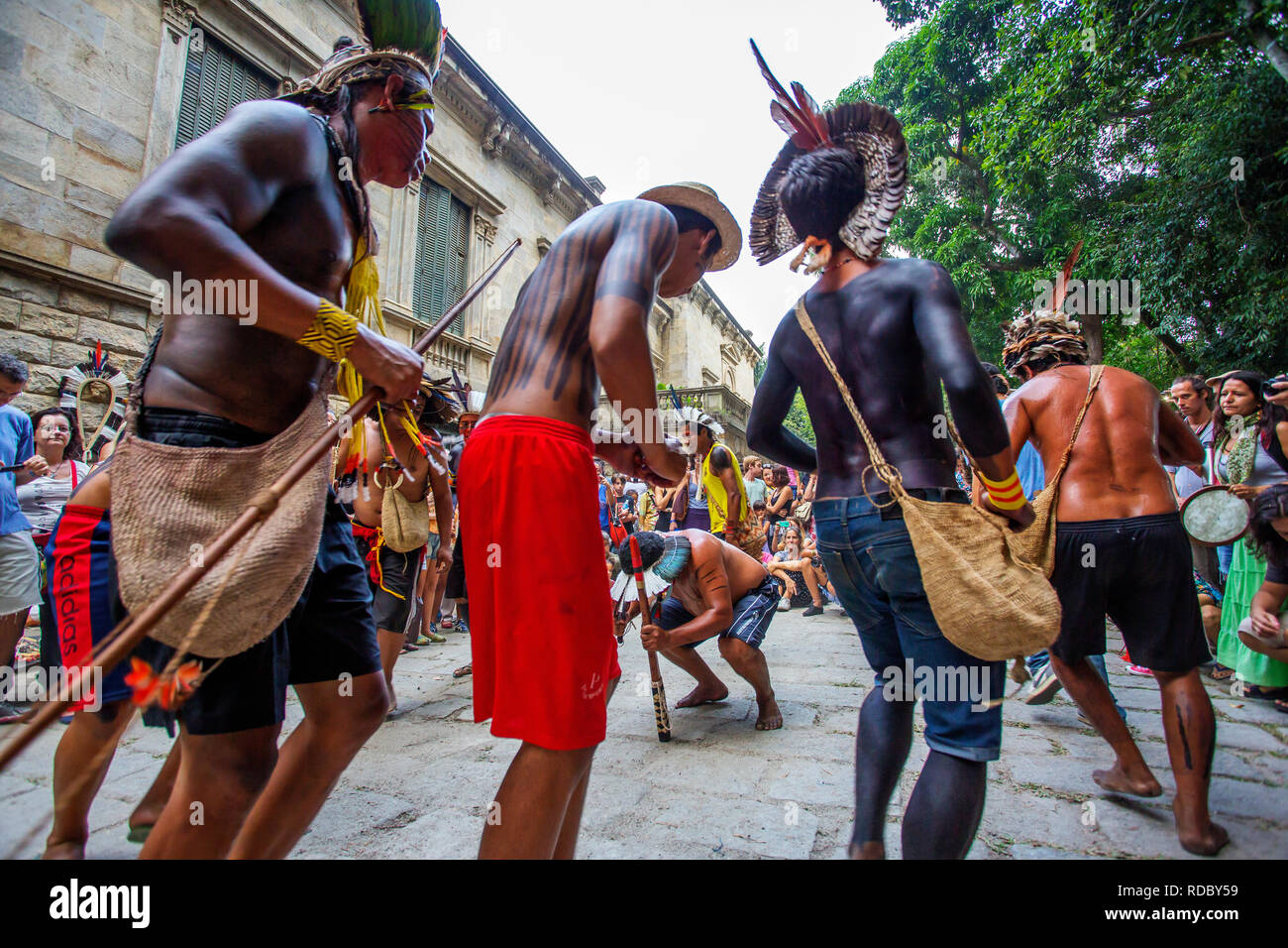 Indians dancing on Indian day at Parque Lage, Rio de Janeiro, Brazil Stock Photo