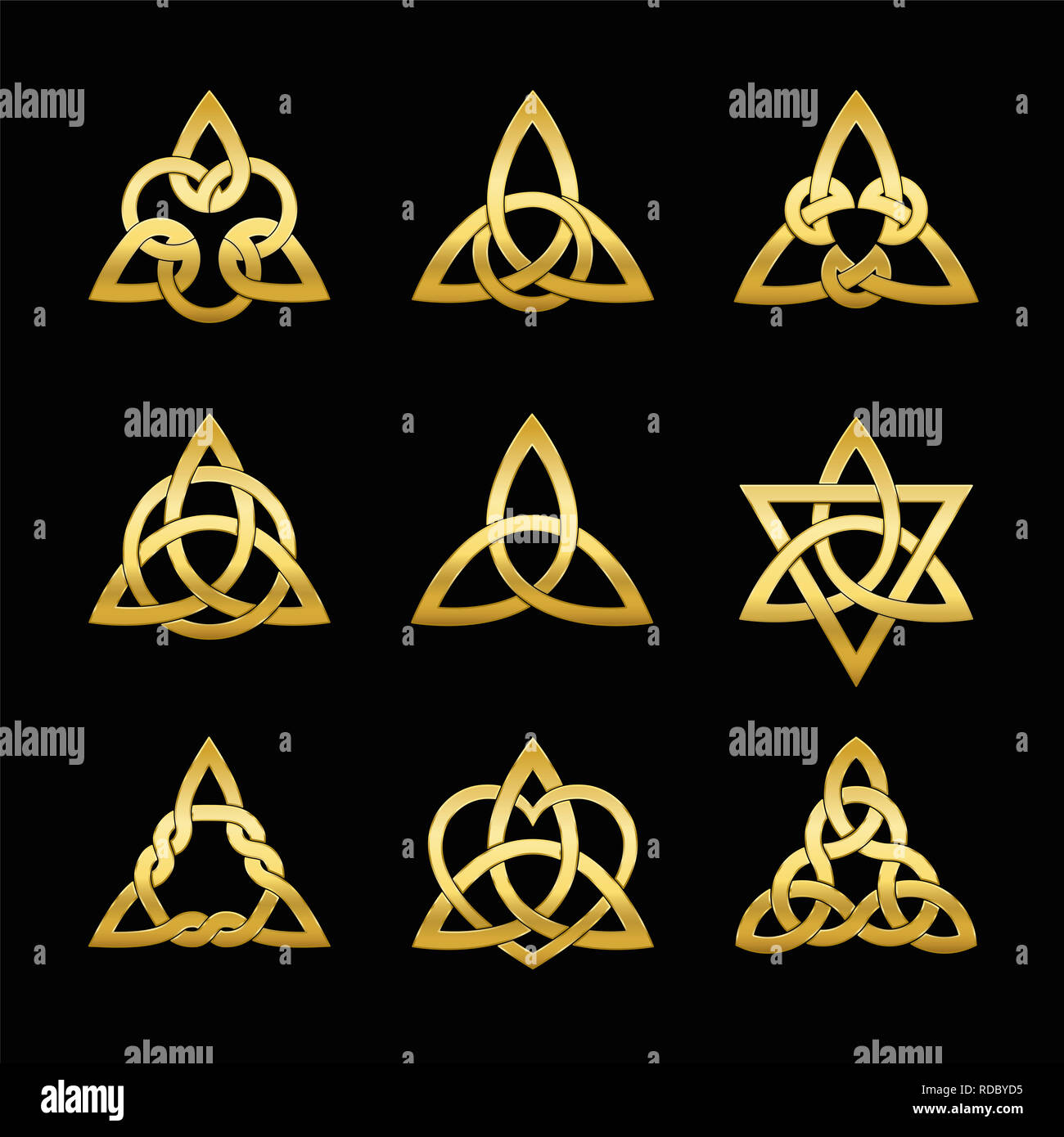 Celtic triangle knots. Nine golden symbols used for decoration or golden pendants. Varieties of endless basket weave knots. Stock Photo