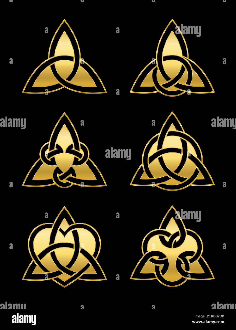 Celtic triangle knots. Six golden symbols used for decoration or golden pendants. Varieties of endless basket weave knots. Stock Photo