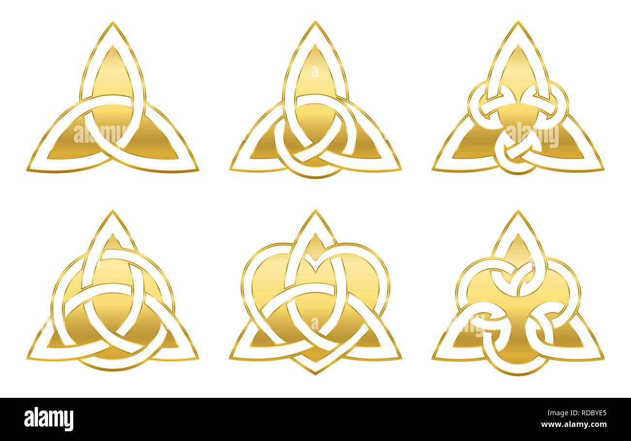 Golden celtic triangle knots. Six golden symbols used for decoration or golden pendants. Varieties of endless basket weave knots. Stock Photo