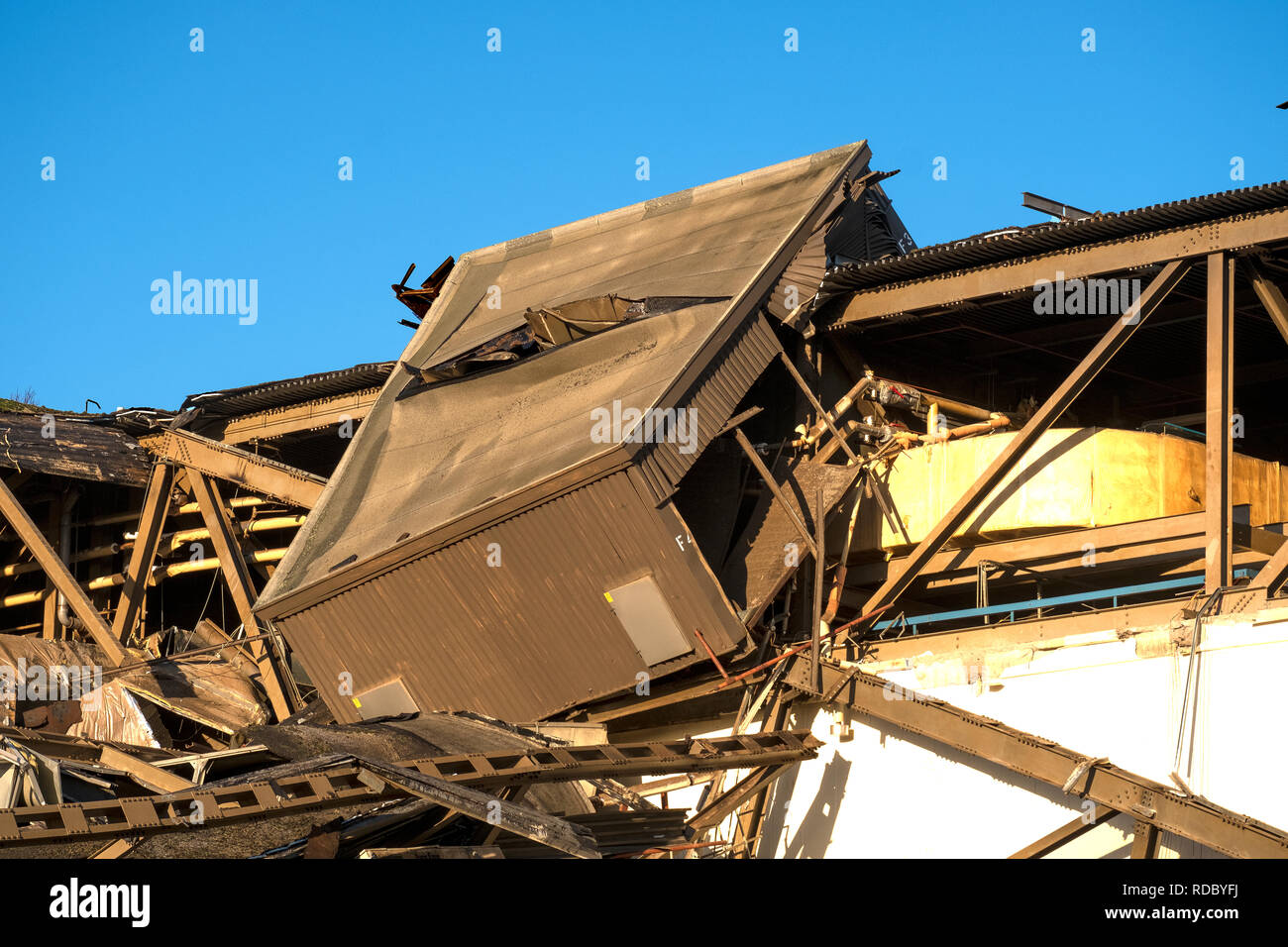 Collapsed factory roof demolition background Stock Photo Alamy