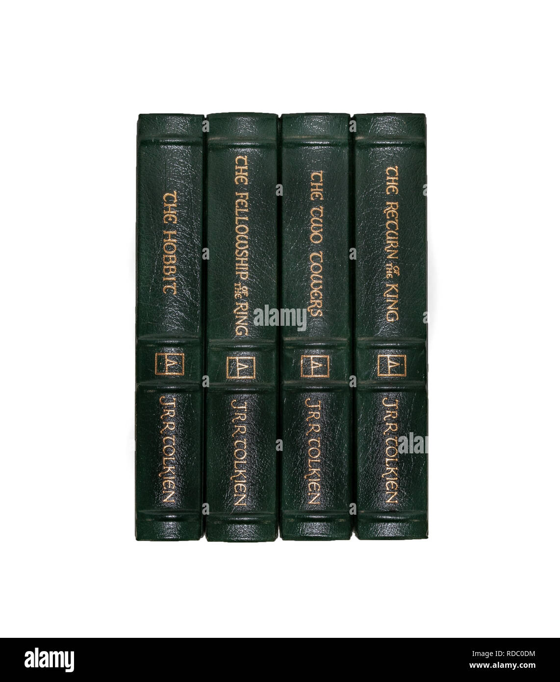 The Easton Press leather-bound editions of Tolkein's 'The Hobbit' and 3 volume 'Lord of the Rings'. Stock Photo