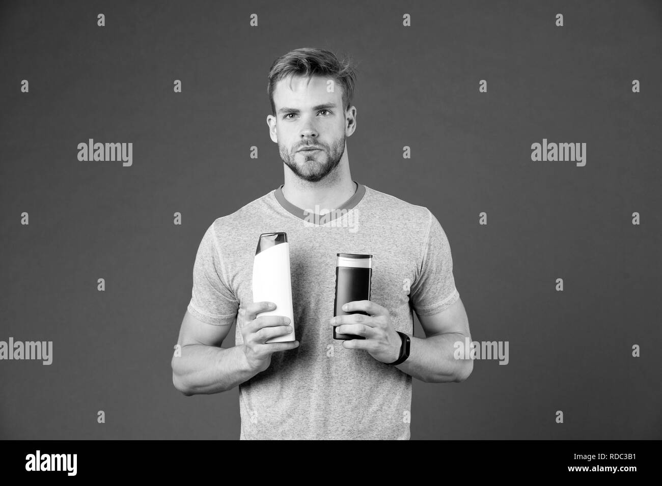 Make Your Choice Man Stylish Hairstyle Holds Two Bottles Hygienic
