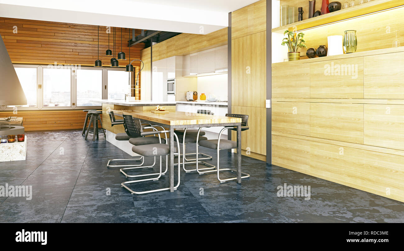 modern loft kitchen interior, 3d rendering design Stock Photo - Alamy