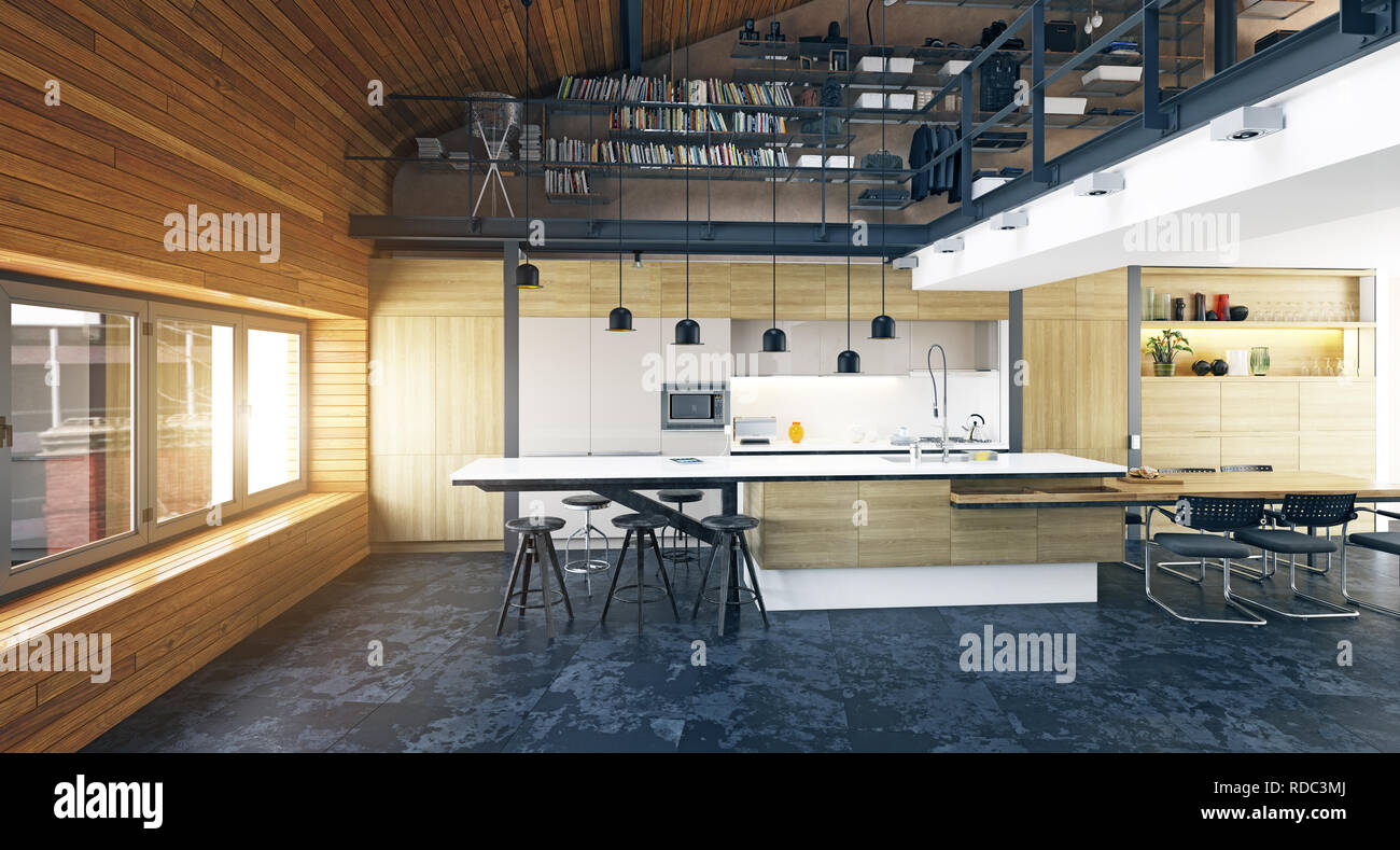 modern loft kitchen interior, 3d rendering design Stock Photo - Alamy