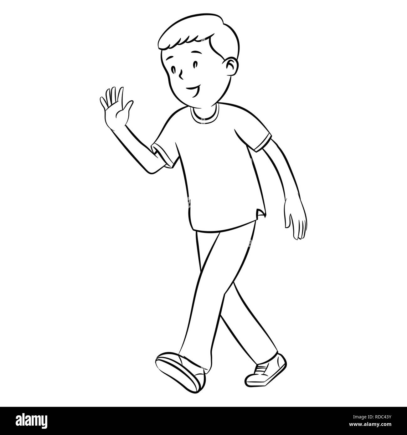 Boy waving hands, hand drawn simple line style, vector design illustrations Stock Vector