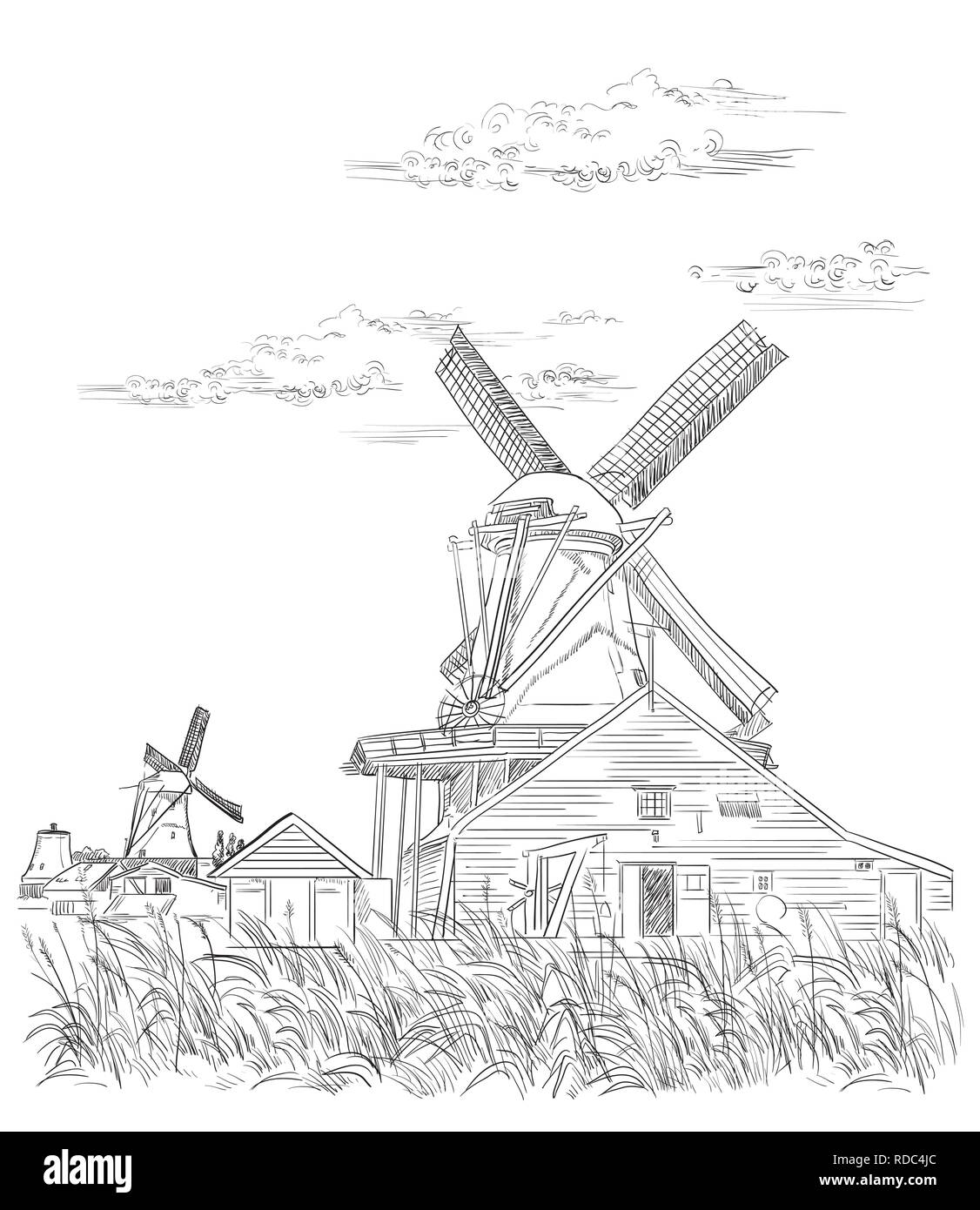 Vector hand drawing Illustration of watermill in Amsterdam (Netherlands, Holland). Landmark of Holland. Vector hand drawing illustration in black colo Stock Vector