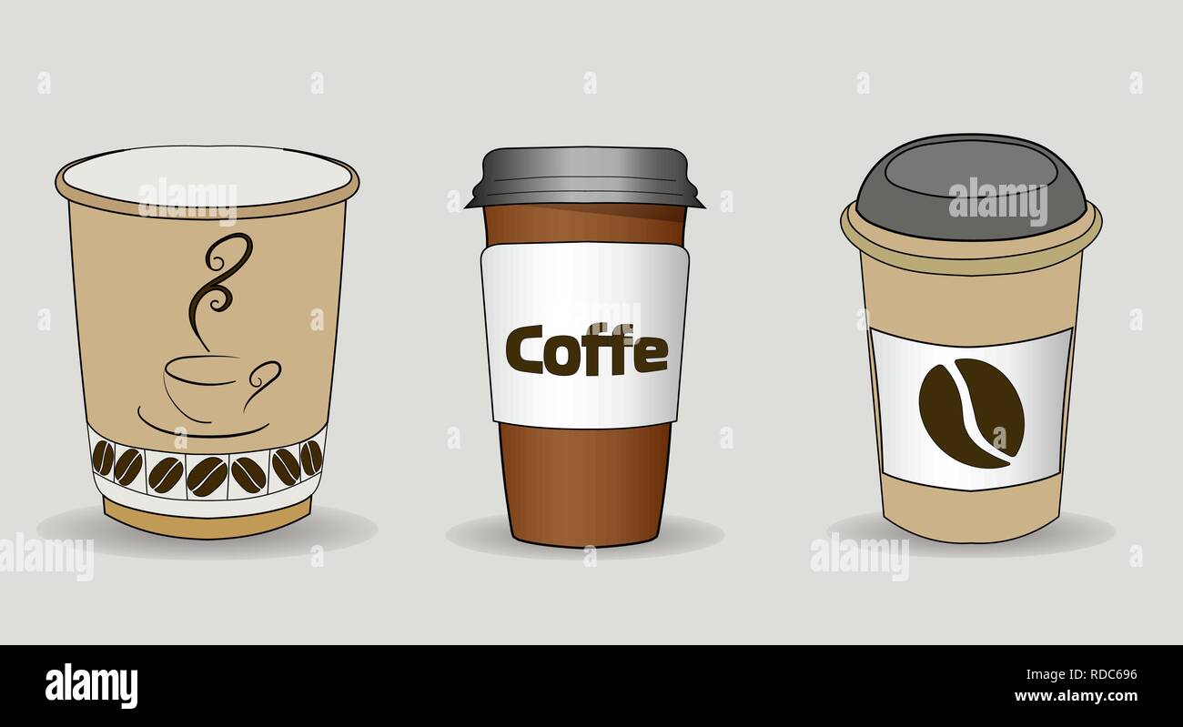 Set of vector illustration of coffee cups with cardboard sleeve. Full cup of coffee, latte, espresso, or cappuccino with foam on top. Beverage illustr Stock Vector