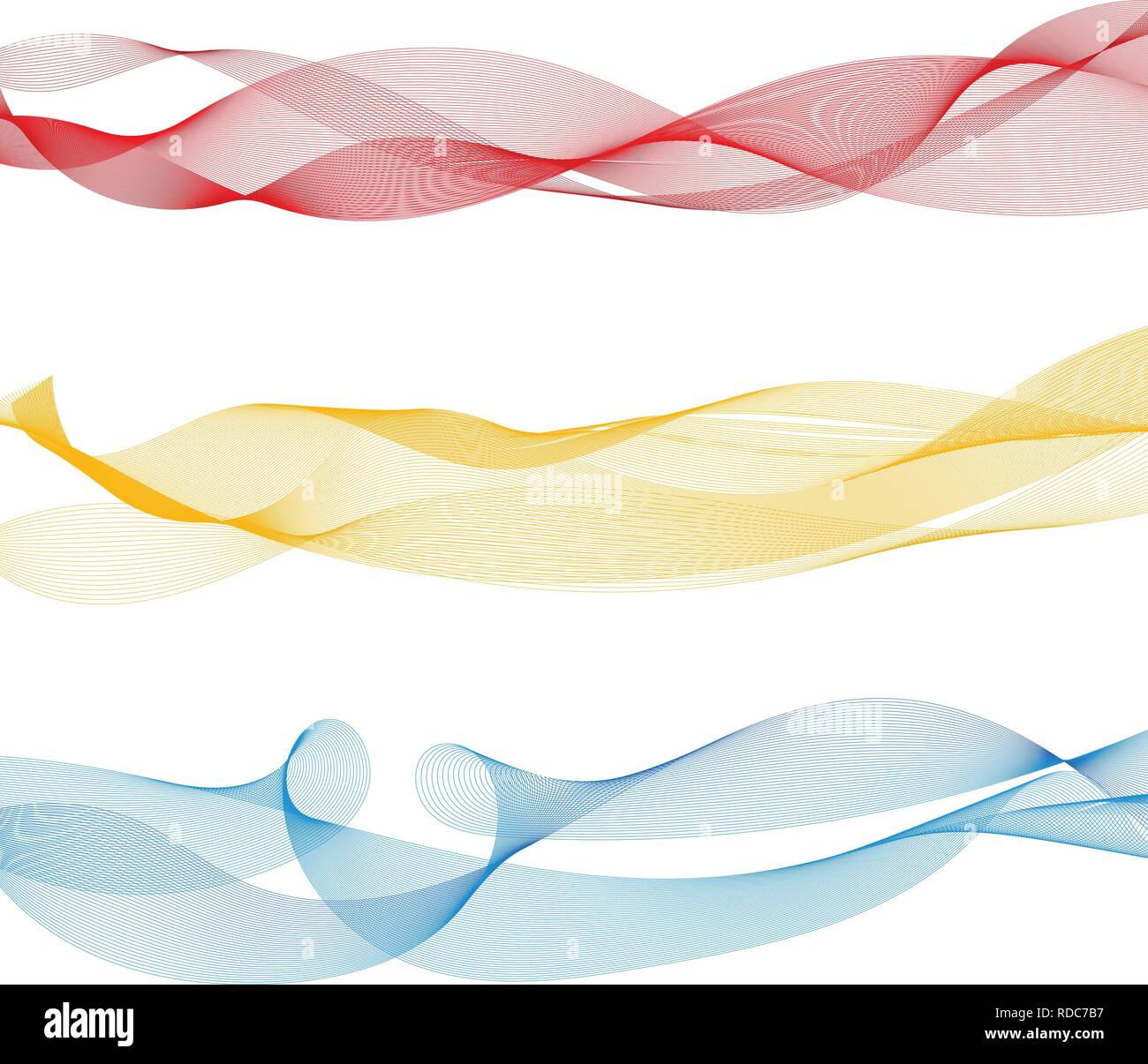Set of abstract colorful smooth wave lines red, yellow, blue on white ...