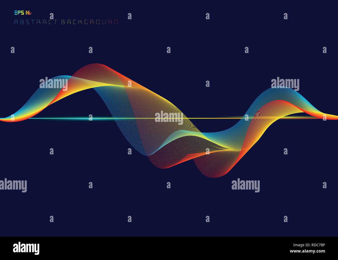 Abstract colorful digital equalizer wave lines on dark blue background ...