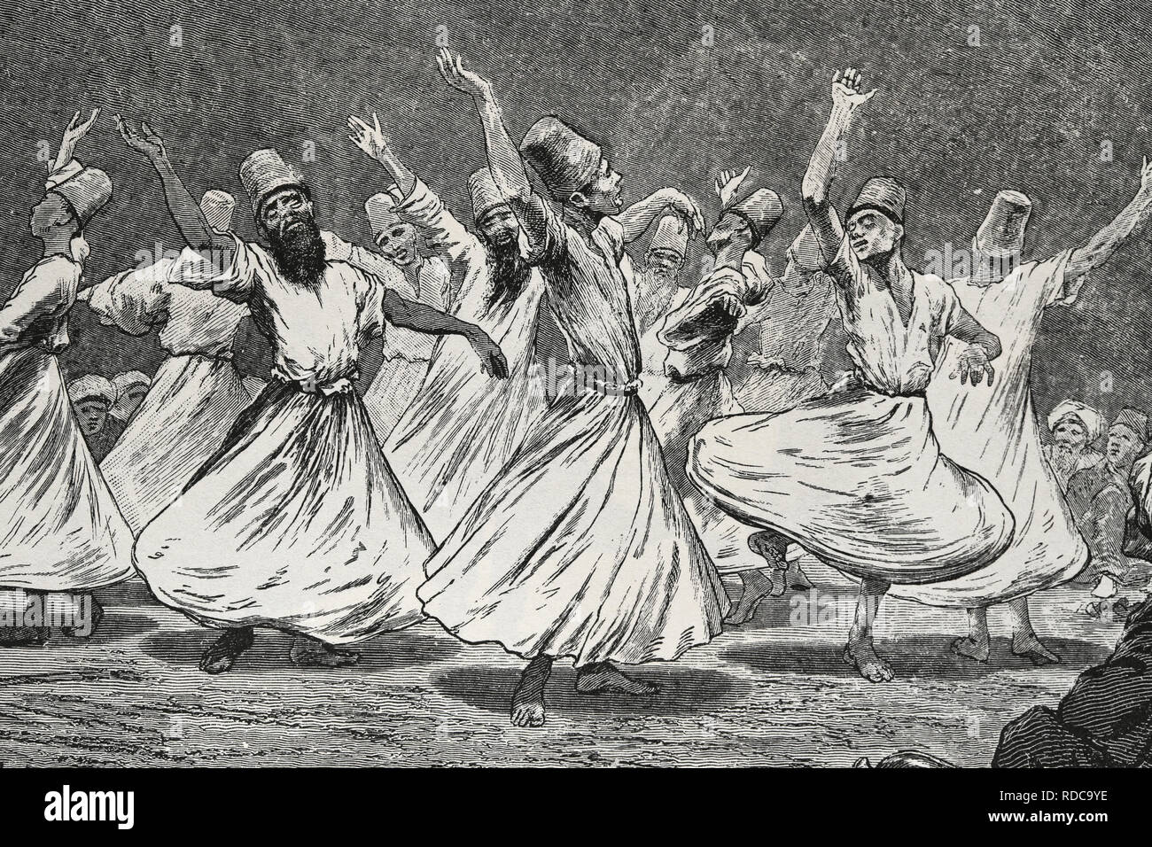 Whirling dervishes dancing. Engraving. 19th century. Turkey. Stock Photo