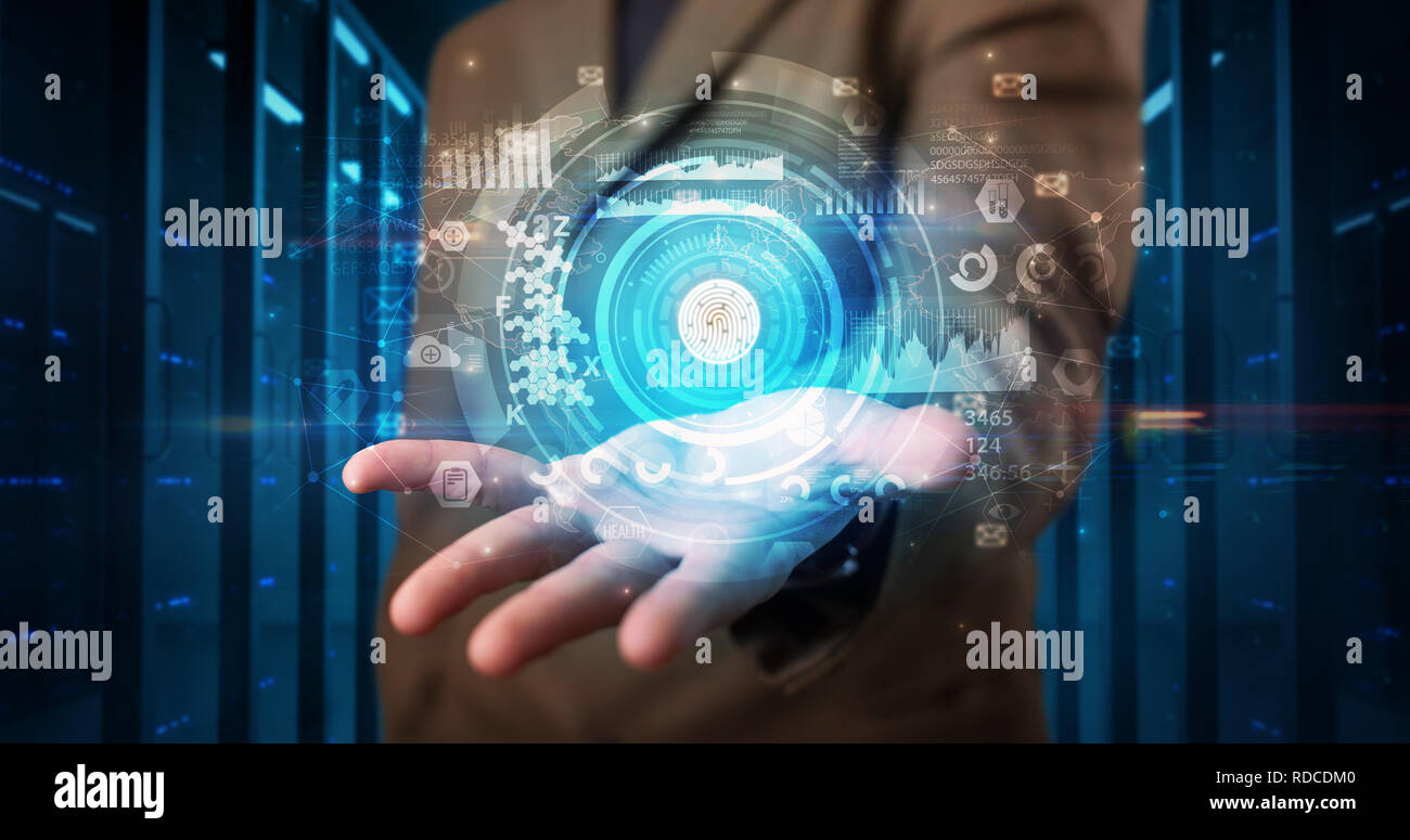Man holding hologram projection displaying biometric security concept  Stock Photo
