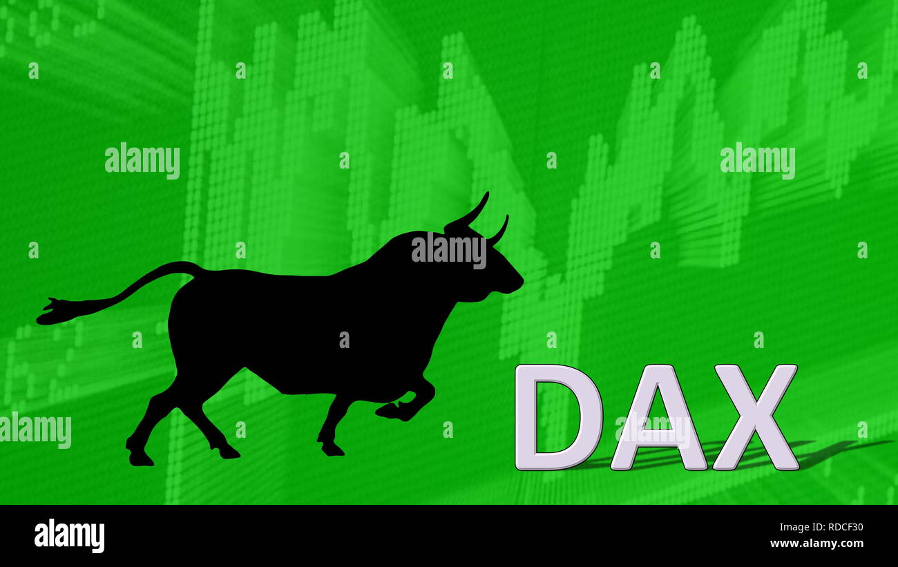 The German blue chip stock market index DAX is going up. Behind the word Dax is a black bull silhouette with horns pointing to a green ascending chart... Stock Photo