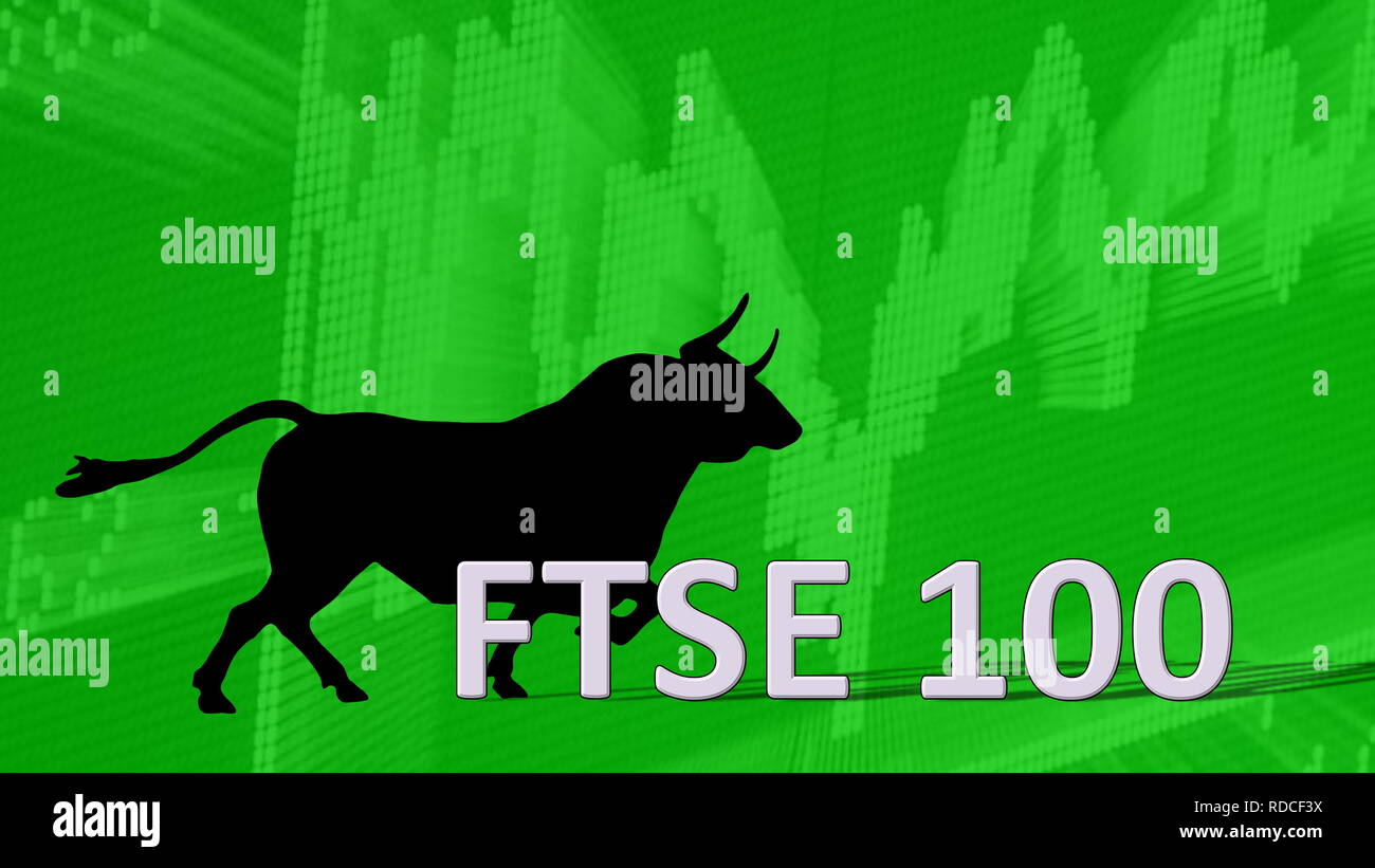 The British stock market index FTSE 100 is going up. Behind the word FTSE 100 is a black bull silhouette with horns pointing to a green ascending... Stock Photo