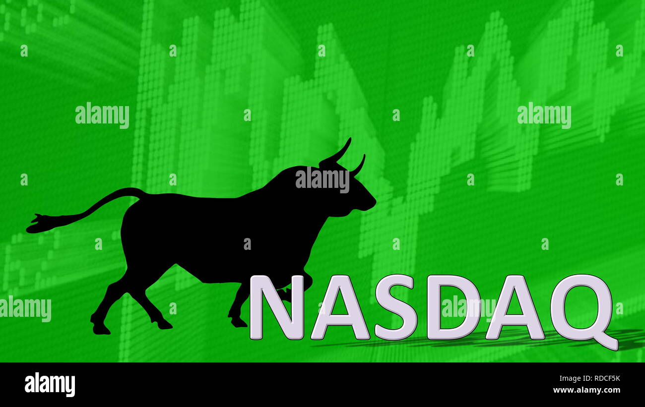 The Nasdaq Composite A U S Stock Market Index Of The Common Stocks Is Going Up Behind The Word Nasdaq Is A Black Bull Silhouette With Horns Stock Photo Alamy
