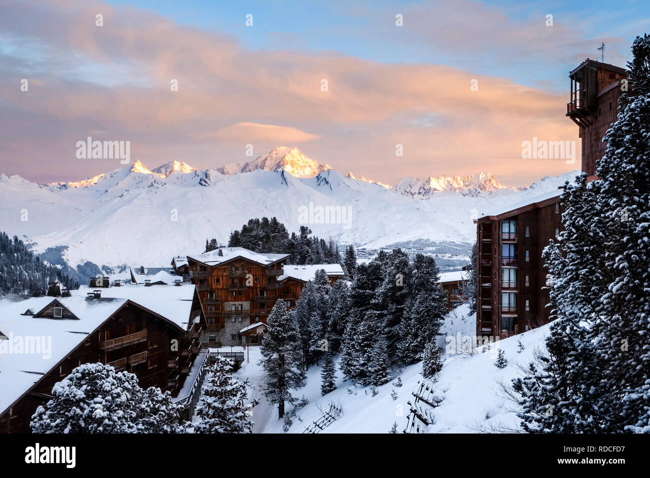 Looking out over Arc 2000 to Mont Blanc as the sun rises. Stock Photo