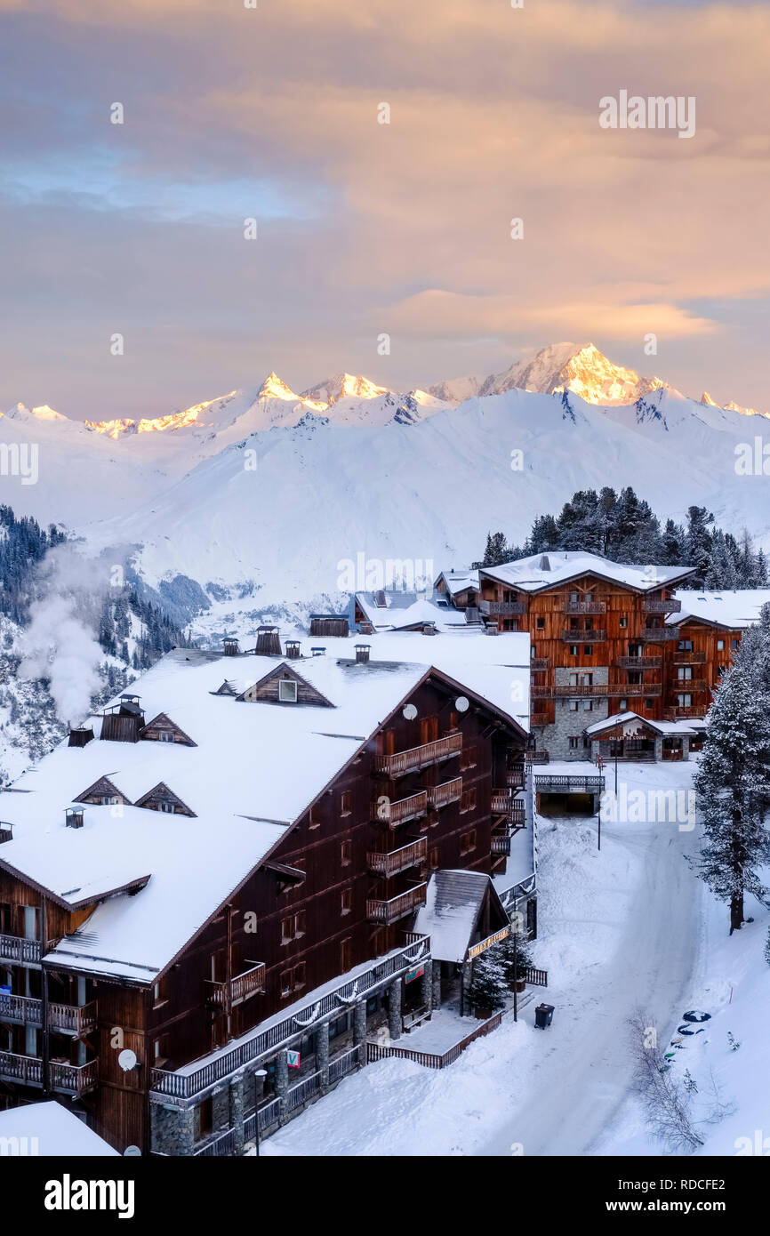 Looking out over Arc 2000 to Mont Blanc as the sun rises. Stock Photo
