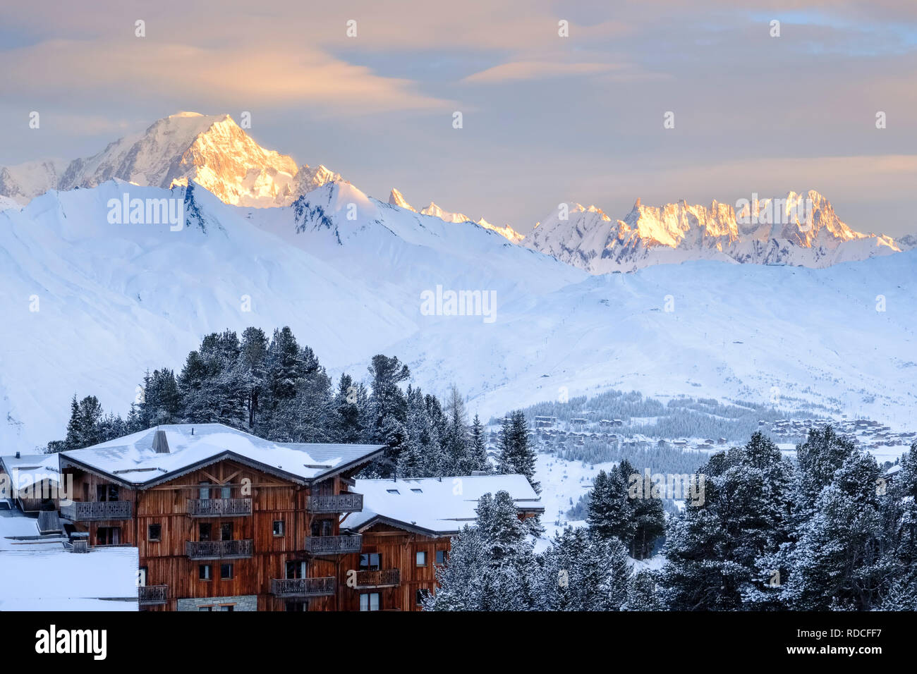 Looking out over Arc 2000 to Mont Blanc as the sun rises. Stock Photo