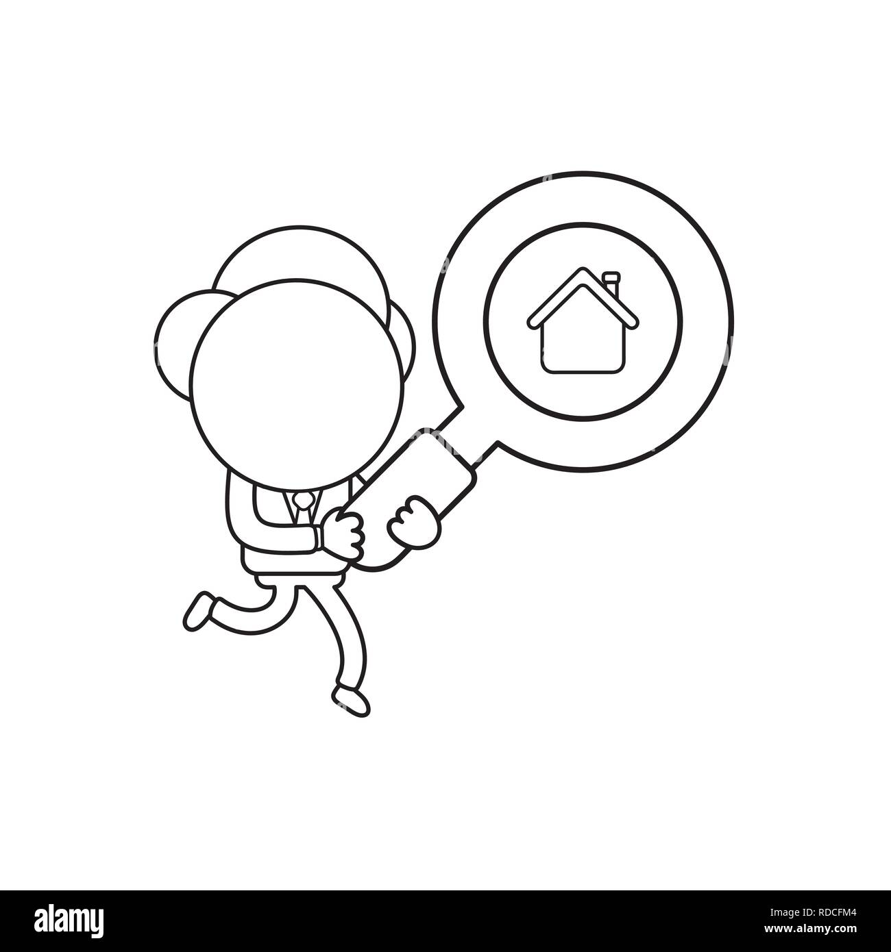 Vector illustration businessman character running and carrying magnifying glass with house icon. Black outline. Stock Vector