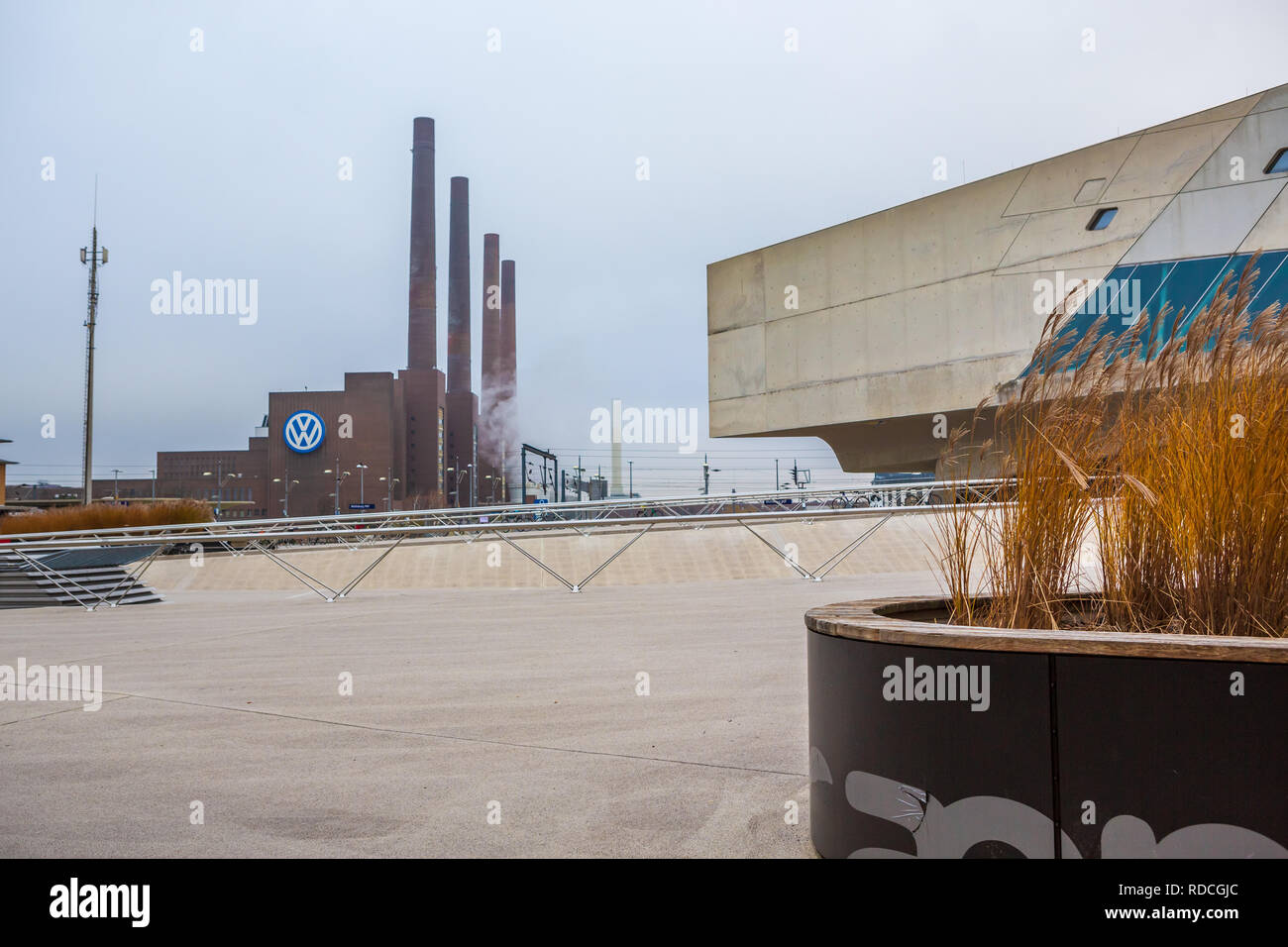 WOLFSBURG, GERMANY - CIRCA DECEMBER, 2017: Cityscape of Wolfsburg town with Volkswagen Plant, Germany Stock Photo