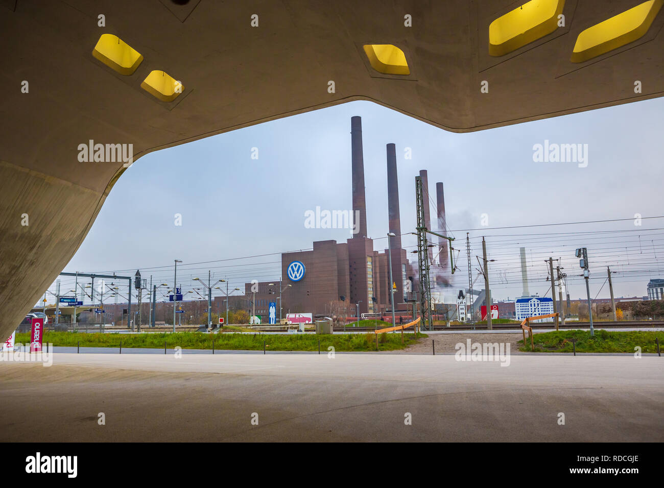 WOLFSBURG, GERMANY - CIRCA DECEMBER, 2017: Cityscape of Wolfsburg town with Volkswagen Plant, Germany Stock Photo