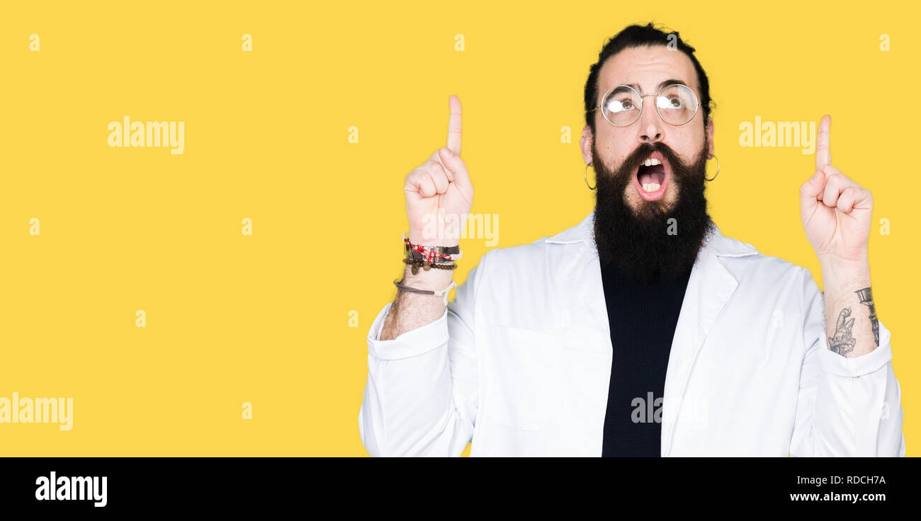 Doctor Therapist Man With Long Hair And Bear Wearing White Coat