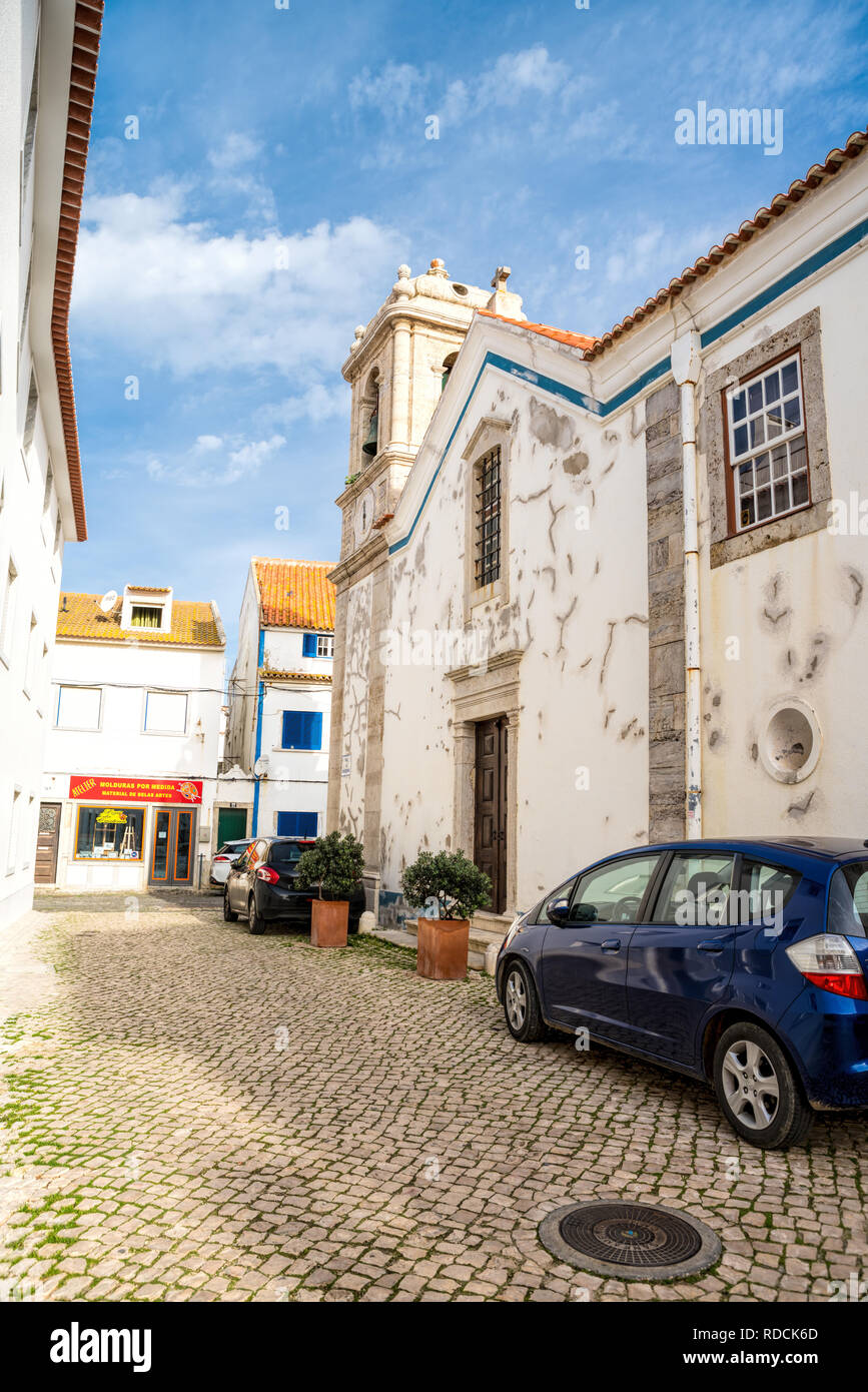 Typical portuguese house at Ericeira, Lisbon region in Portugal. Ericeira is a civil parish and seaside resort/fishing community on the western coast  Stock Photo