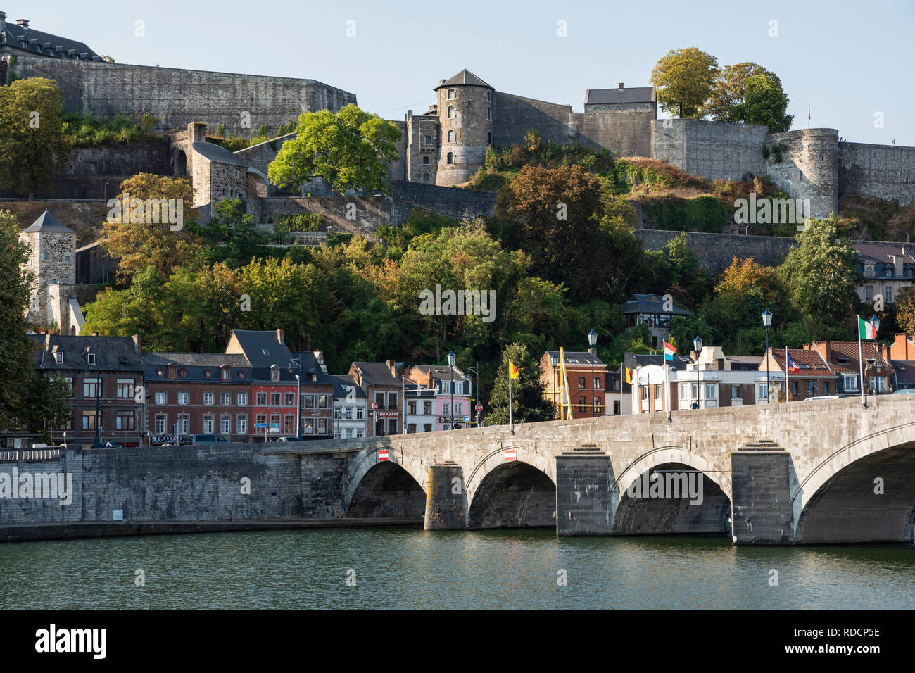 View across the River Meuse from at Pont de Jambes to the Citadel, Namur, Belgium Stock Photo